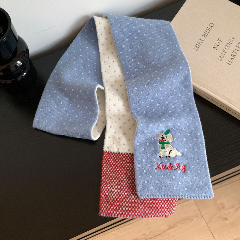 Pleteni šal s izvezkom preslatkog šteneta, japanskog stila, warp pletenje, zima, srednje duljine, influencer stil