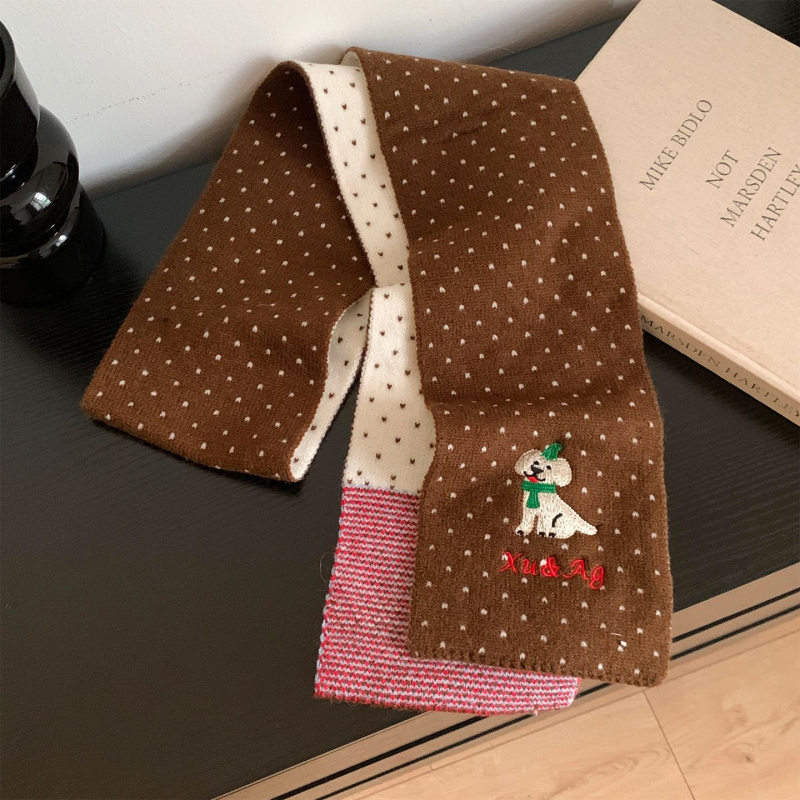 Pleteni šal s izvezkom preslatkog šteneta, japanskog stila, warp pletenje, zima, srednje duljine, influencer stil