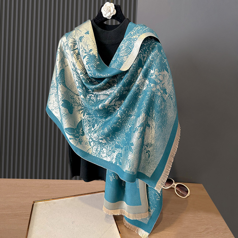 Šal s motivom leptira od imitacije kašmira, dvostrani, pamuk-Tencel smjesa, običan pleteni, zimska toplina za ured i putovanje, završna tie-dye obrada