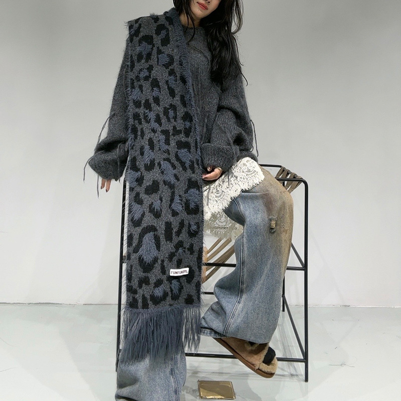 Leopard šal od vune s tasselima – warp pletenje, topao, jesen, retro