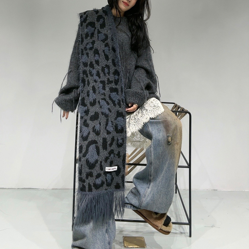 Leopard šal od vune s tasselima – warp pletenje, topao, jesen, retro