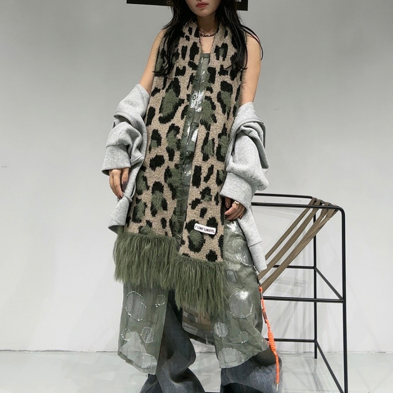 Leopard šal od vune s tasselima – warp pletenje, topao, jesen, retro