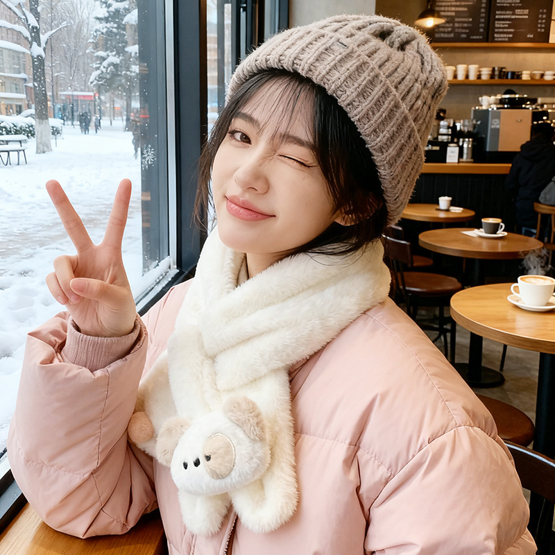 Ženski zimski šal s trodimenzionalnim slatkim štenetom od pliša, crtani stil, vjetar otporan i topao, sintetičko krzno zeca