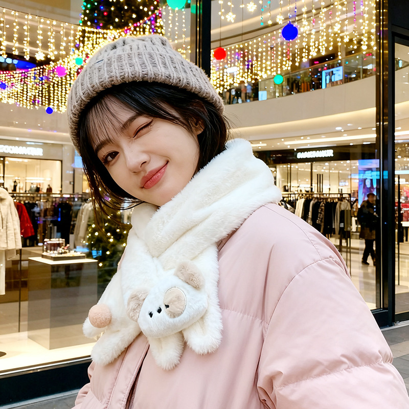 Ženski zimski šal s trodimenzionalnim slatkim štenetom od pliša, crtani stil, vjetar otporan i topao, sintetičko krzno zeca