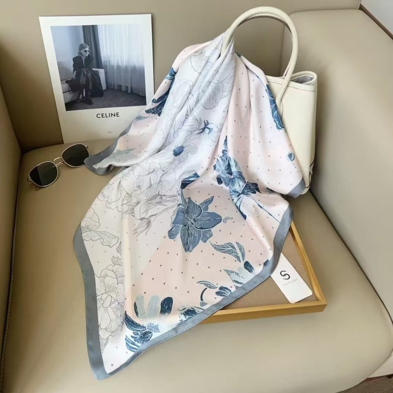 Șal pătrat mic, stil coreean, model cu trandafiri, poliester imitând mătasea, imprimare