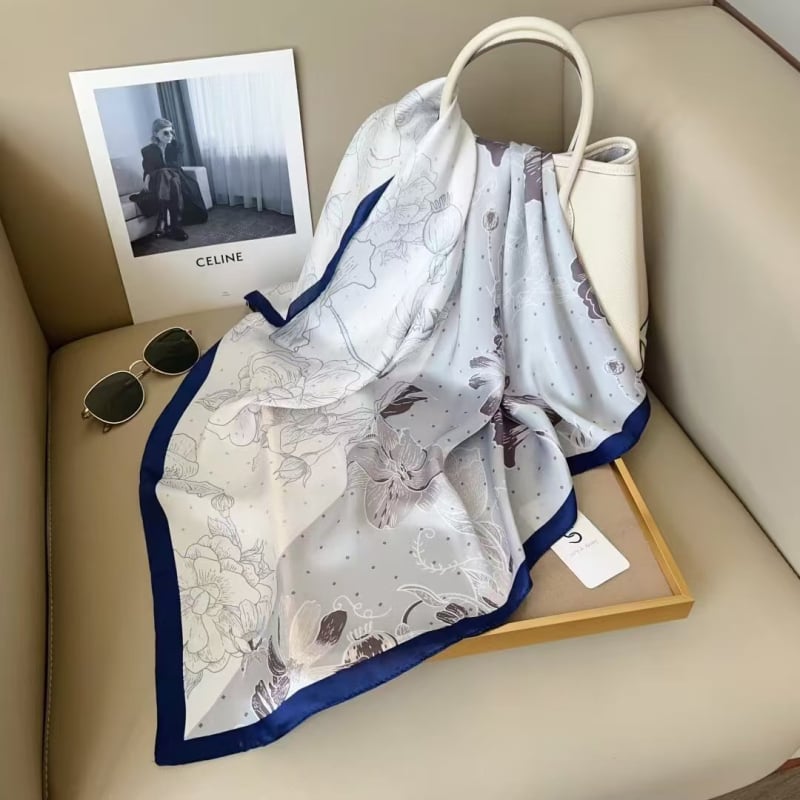 Șal pătrat mic, stil coreean, model cu trandafiri, poliester imitând mătasea, imprimare