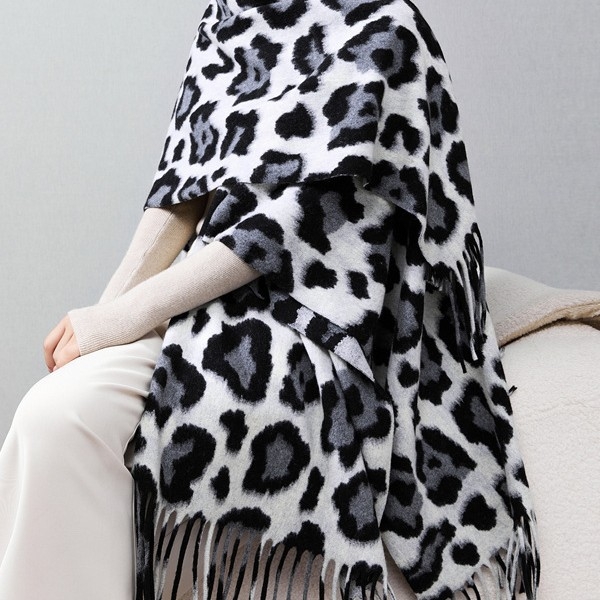 Șal vintage cu imprimeu leopard, din cașmir artificial, țesătură jacquard, lungime extinsă.