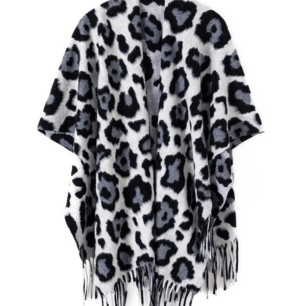 Șal vintage cu imprimeu leopard, din cașmir artificial, țesătură jacquard, lungime extinsă.