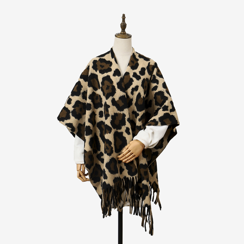 Șal vintage cu imprimeu leopard, din cașmir artificial, țesătură jacquard, lungime extinsă.