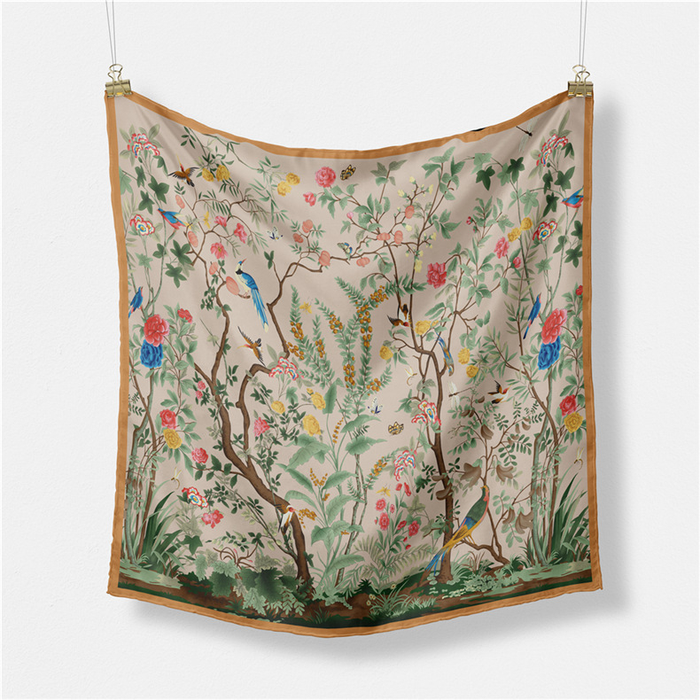 Šal od svile twill, mali kvadratni šal, Mori prirodni stil, 53×53 cm, ljetni modni dodatak
