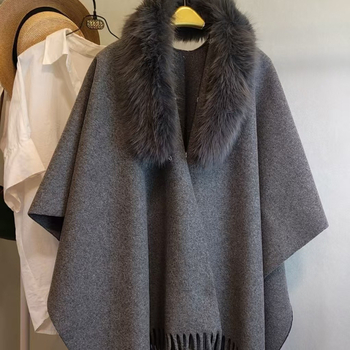 Šal za jesen-zimu od akrila/umjetne vune, s odvojivim umjetnim krznom, jednobojni uzorak, zadržava toplinu, završna obrada tie-dye