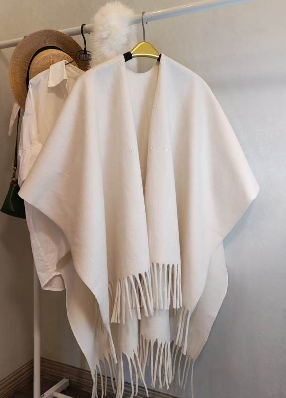 Šal za jesen-zimu od akrila/umjetne vune, s odvojivim umjetnim krznom, jednobojni uzorak, zadržava toplinu, završna obrada tie-dye