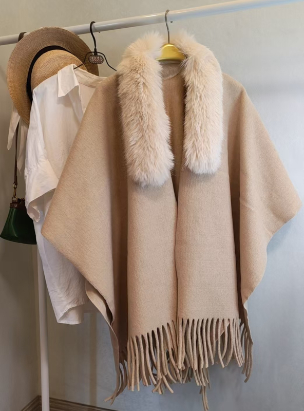 Šal za jesen-zimu od akrila/umjetne vune, s odvojivim umjetnim krznom, jednobojni uzorak, zadržava toplinu, završna obrada tie-dye