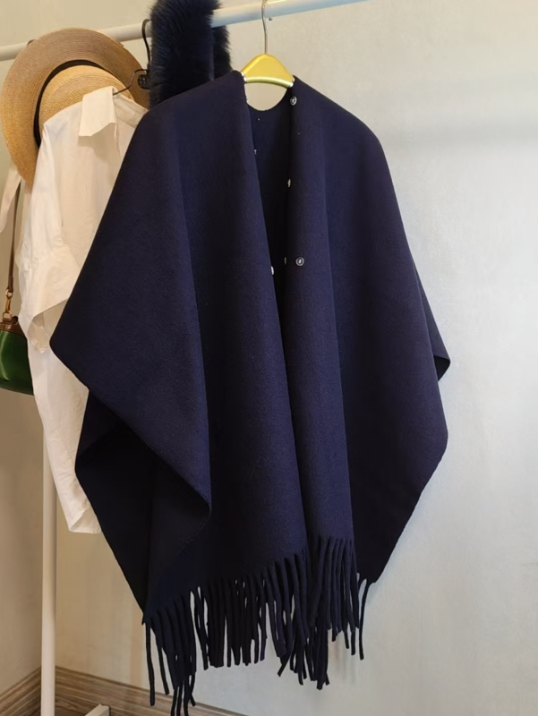 Šal za jesen-zimu od akrila/umjetne vune, s odvojivim umjetnim krznom, jednobojni uzorak, zadržava toplinu, završna obrada tie-dye