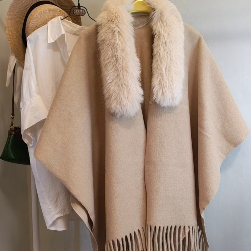 Šal za jesen-zimu od akrila/umjetne vune, s odvojivim umjetnim krznom, jednobojni uzorak, zadržava toplinu, završna obrada tie-dye