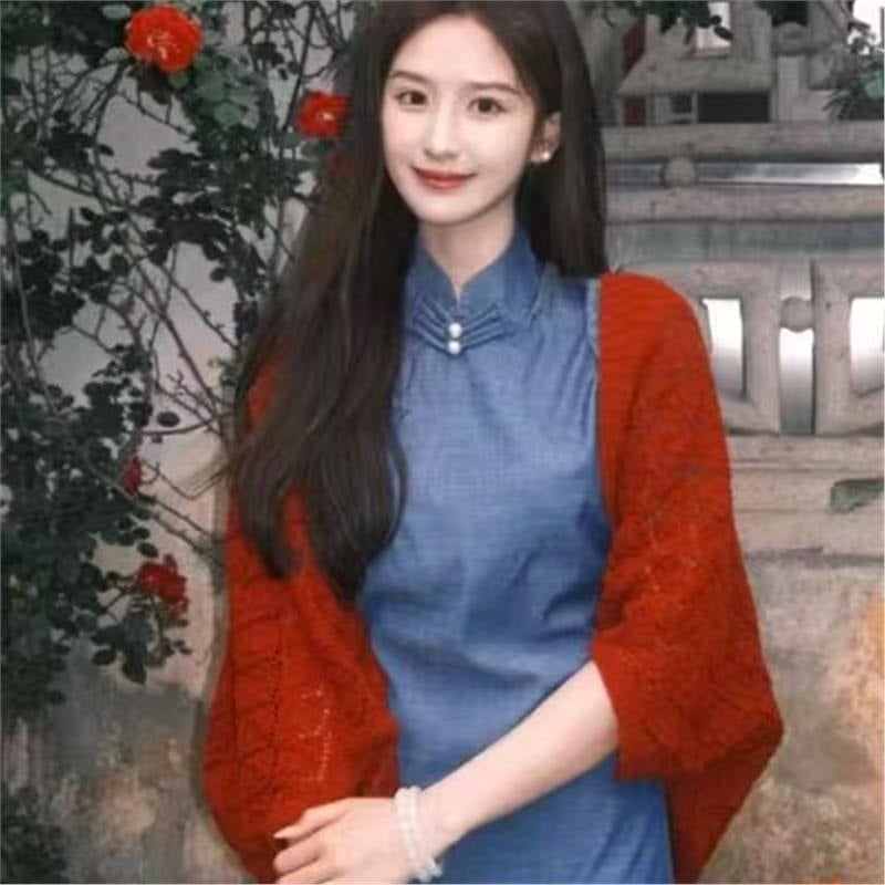 Kineska haljina qipao sa šalivim kardiganom — retro etnički stil, warp knitting, termalna funkcija, proljeće-jesen