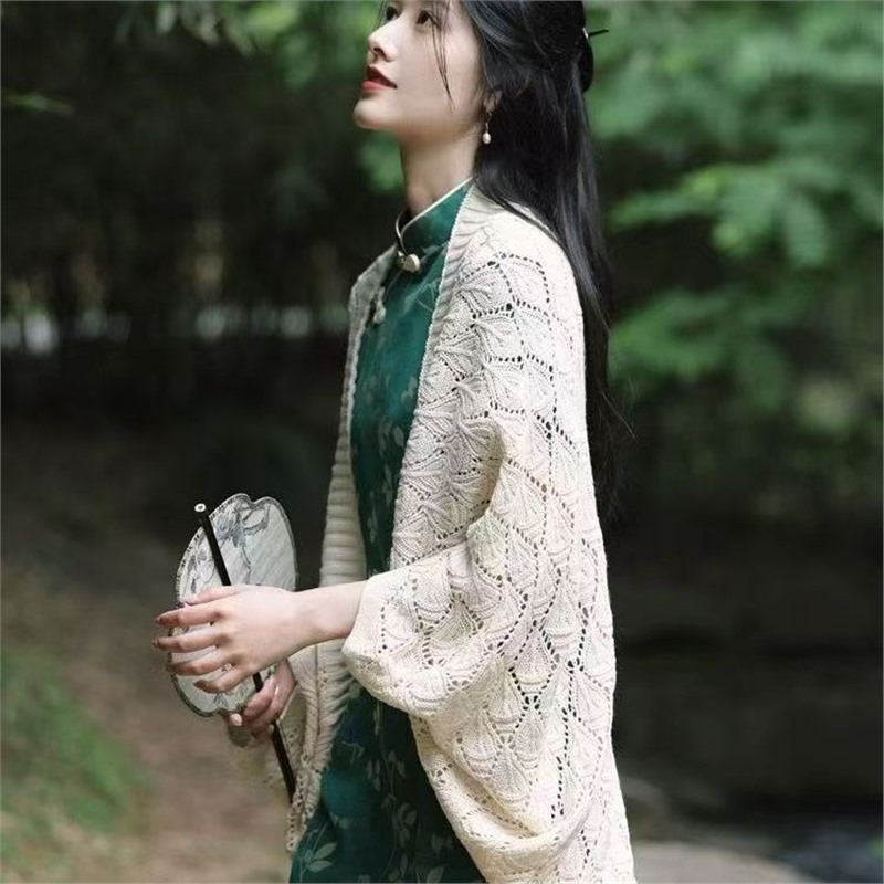 Kineska haljina qipao sa šalivim kardiganom — retro etnički stil, warp knitting, termalna funkcija, proljeće-jesen