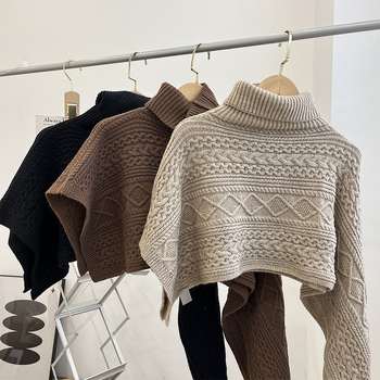 Ženski pleteni pončo s visokim ovratnikom – warp-knit, monokromatski uzorak, za zimu, proljeće i jesen