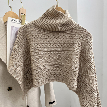 Ženski pleteni pončo s visokim ovratnikom – warp-knit, monokromatski uzorak, za zimu, proljeće i jesen