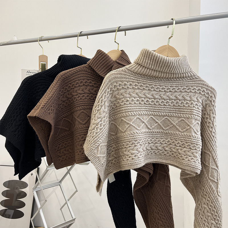 Ženski pleteni pončo s visokim ovratnikom – warp-knit, monokromatski uzorak, za zimu, proljeće i jesen