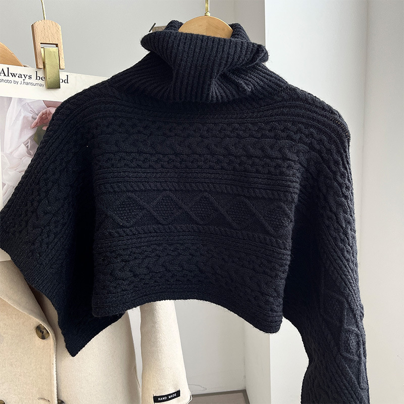 Ženski pleteni pončo s visokim ovratnikom – warp-knit, monokromatski uzorak, za zimu, proljeće i jesen