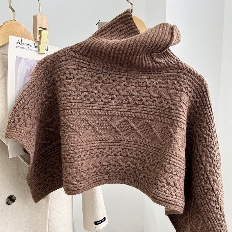 Ženski pleteni pončo s visokim ovratnikom – warp-knit, monokromatski uzorak, za zimu, proljeće i jesen