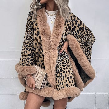Leopardí vzor s pelerínovým kardigánom a kožušinovým golierom, polyester, warp-knit tkanina, teplý, stredná dĺžka