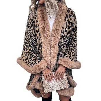 Leopardí vzor s pelerínovým kardigánom a kožušinovým golierom, polyester, warp-knit tkanina, teplý, stredná dĺžka