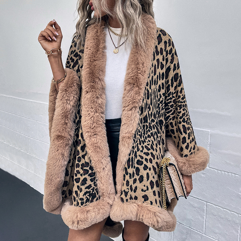 Leopardí vzor s pelerínovým kardigánom a kožušinovým golierom, polyester, warp-knit tkanina, teplý, stredná dĺžka