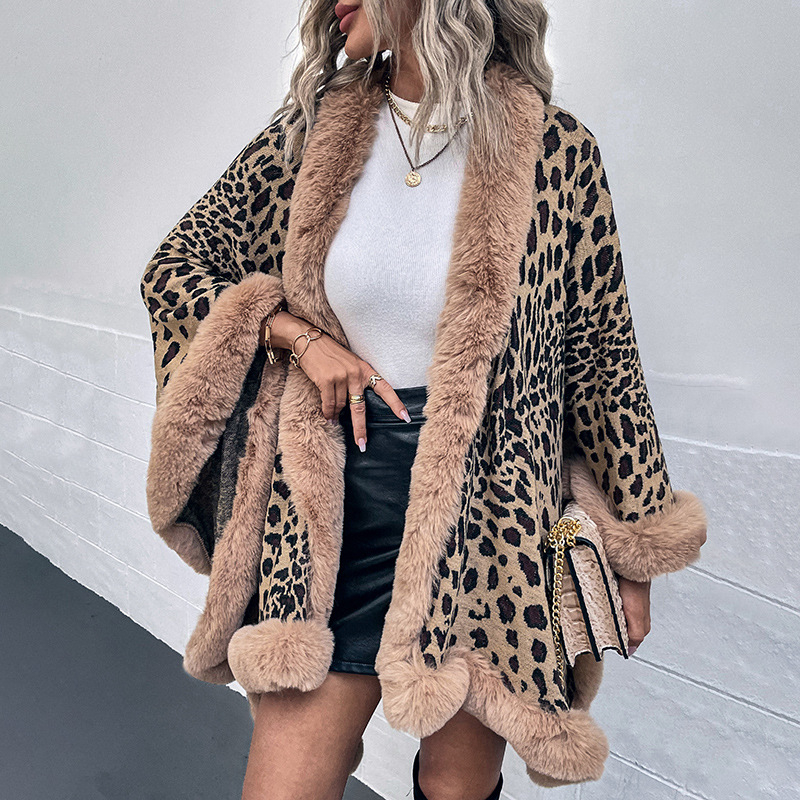 Leopardí vzor s pelerínovým kardigánom a kožušinovým golierom, polyester, warp-knit tkanina, teplý, stredná dĺžka