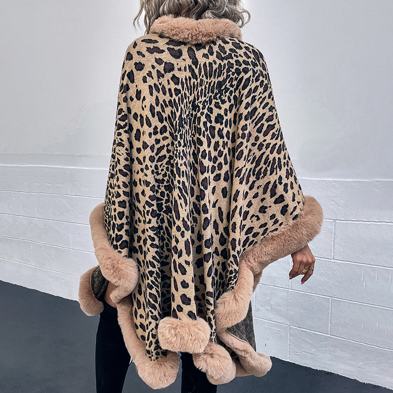 Leopardí vzor s pelerínovým kardigánom a kožušinovým golierom, polyester, warp-knit tkanina, teplý, stredná dĺžka