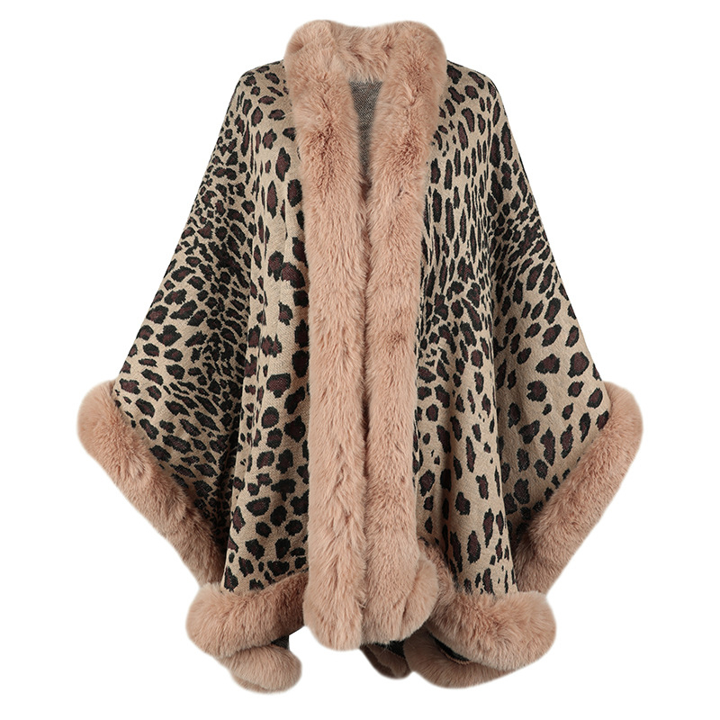 Leopardí vzor s pelerínovým kardigánom a kožušinovým golierom, polyester, warp-knit tkanina, teplý, stredná dĺžka