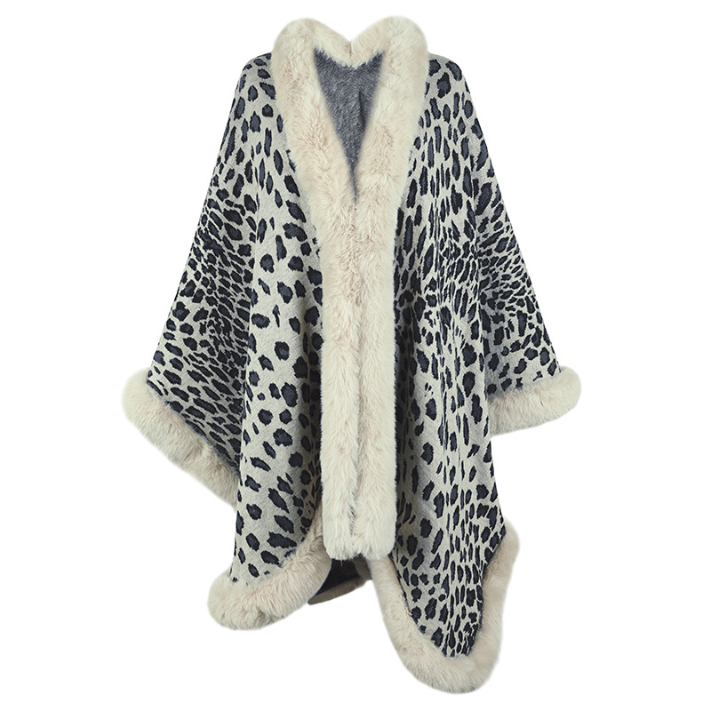 Leopardí vzor s pelerínovým kardigánom a kožušinovým golierom, polyester, warp-knit tkanina, teplý, stredná dĺžka