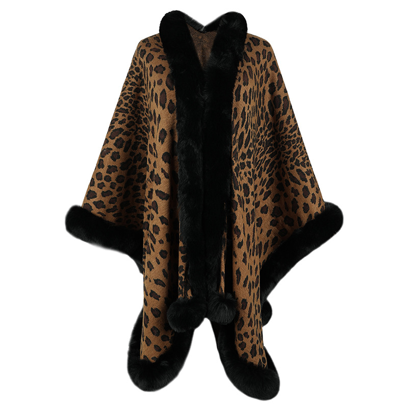 Leopardí vzor s pelerínovým kardigánom a kožušinovým golierom, polyester, warp-knit tkanina, teplý, stredná dĺžka