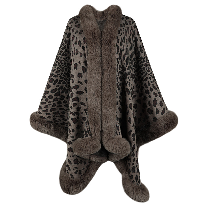 Leopardí vzor s pelerínovým kardigánom a kožušinovým golierom, polyester, warp-knit tkanina, teplý, stredná dĺžka