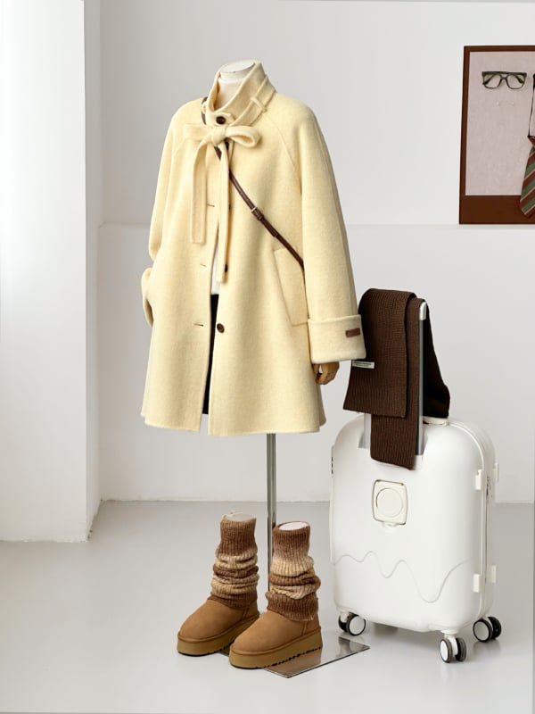 Moteriškas vilnos paltas, daugiau nei 95% vilnos turinys, stačiakaklė, vienos eilės sagos užsegimas, vidutinio ilgio, minimalistinis japoniškai-korejiškas stilius