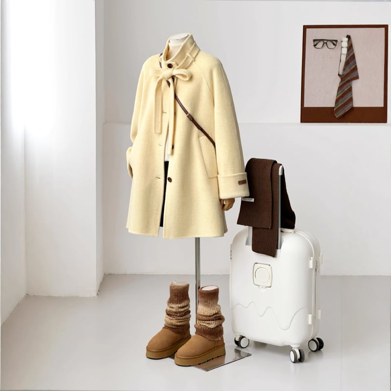 Moteriškas vilnos paltas, daugiau nei 95% vilnos turinys, stačiakaklė, vienos eilės sagos užsegimas, vidutinio ilgio, minimalistinis japoniškai-korejiškas stilius