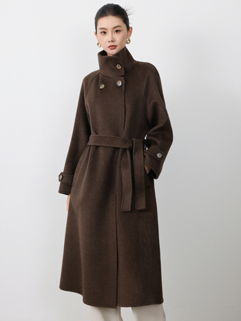 Moteriškas vilnonis palto su stovinčiu apykakle, raištelių detalė, ilgas laisvas siluetas, vilnos-yak mišinio