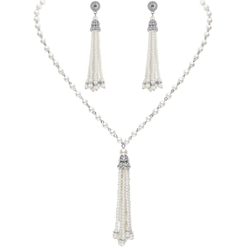 Naiste ehted komplekt: pikk kolme-kihiline kaelakee ja kõrvarõngad tehislike pärlite ja kristallidega, geomeetriline disain; Materjal: pärl; Ieklaed: sulam tehislike kividega; 2024 kevad