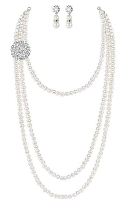 Naiste ehted komplekt: pikk kolme-kihiline kaelakee ja kõrvarõngad tehislike pärlite ja kristallidega, geomeetriline disain; Materjal: pärl; Ieklaed: sulam tehislike kividega; 2024 kevad