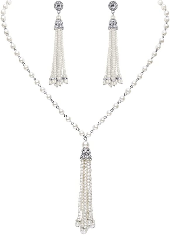 Naiste ehted komplekt: pikk kolme-kihiline kaelakee ja kõrvarõngad tehislike pärlite ja kristallidega, geomeetriline disain; Materjal: pärl; Ieklaed: sulam tehislike kividega; 2024 kevad