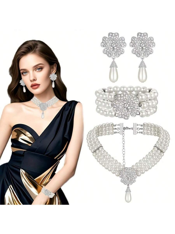 Naiste ehted komplekt: pikk kolme-kihiline kaelakee ja kõrvarõngad tehislike pärlite ja kristallidega, geomeetriline disain; Materjal: pärl; Ieklaed: sulam tehislike kividega; 2024 kevad