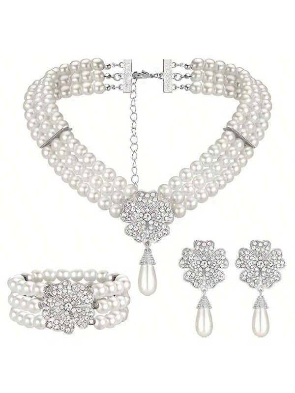 Naiste ehted komplekt: pikk kolme-kihiline kaelakee ja kõrvarõngad tehislike pärlite ja kristallidega, geomeetriline disain; Materjal: pärl; Ieklaed: sulam tehislike kividega; 2024 kevad