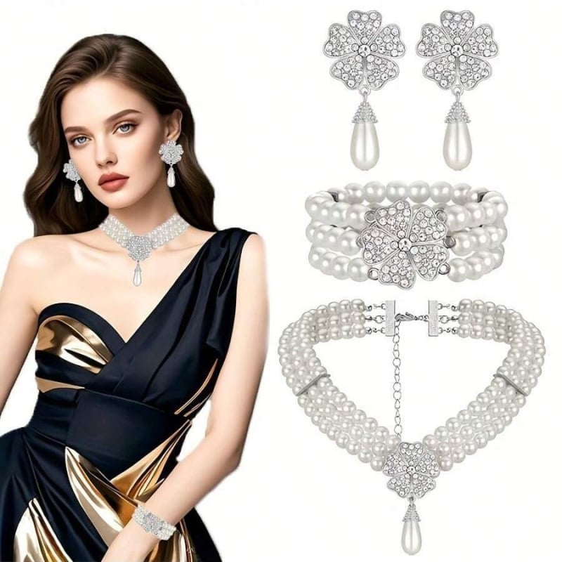 Naiste ehted komplekt: pikk kolme-kihiline kaelakee ja kõrvarõngad tehislike pärlite ja kristallidega, geomeetriline disain; Materjal: pärl; Ieklaed: sulam tehislike kividega; 2024 kevad