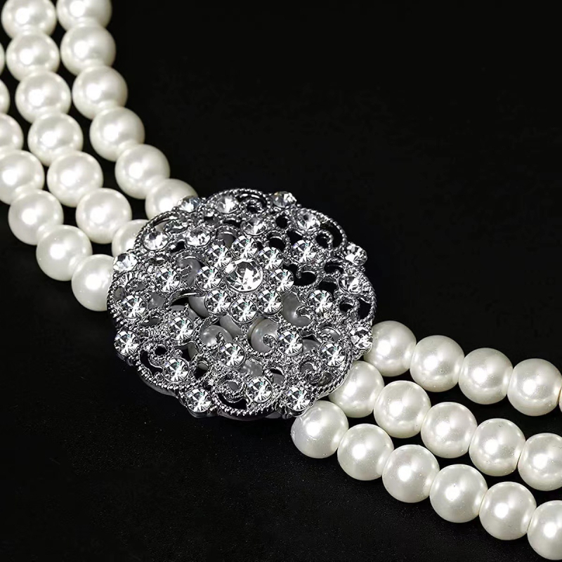 Naiste ehted komplekt: pikk kolme-kihiline kaelakee ja kõrvarõngad tehislike pärlite ja kristallidega, geomeetriline disain; Materjal: pärl; Ieklaed: sulam tehislike kividega; 2024 kevad