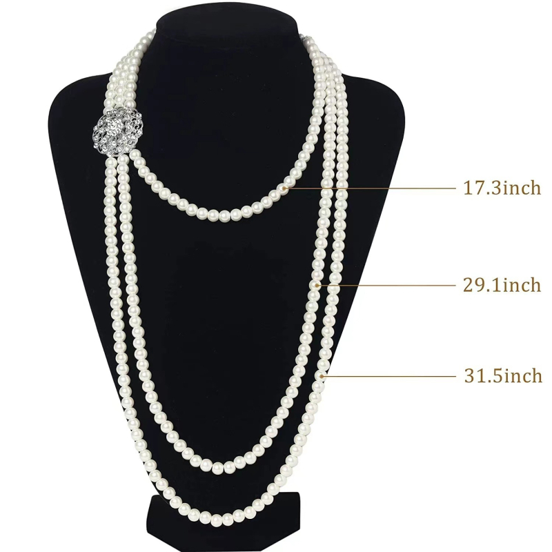 Naiste ehted komplekt: pikk kolme-kihiline kaelakee ja kõrvarõngad tehislike pärlite ja kristallidega, geomeetriline disain; Materjal: pärl; Ieklaed: sulam tehislike kividega; 2024 kevad