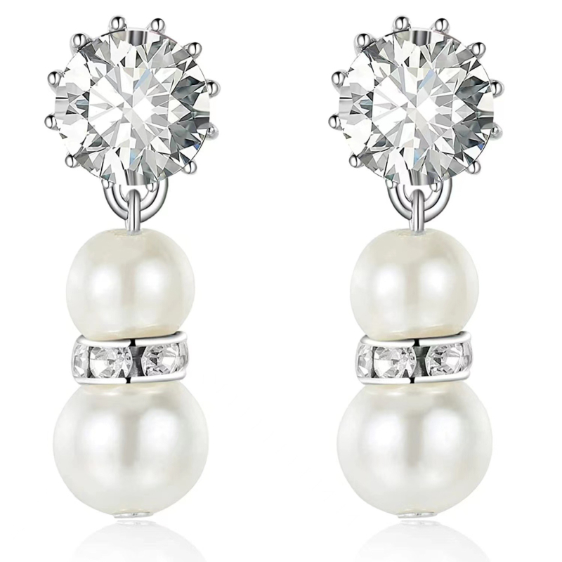 Naiste ehted komplekt: pikk kolme-kihiline kaelakee ja kõrvarõngad tehislike pärlite ja kristallidega, geomeetriline disain; Materjal: pärl; Ieklaed: sulam tehislike kividega; 2024 kevad