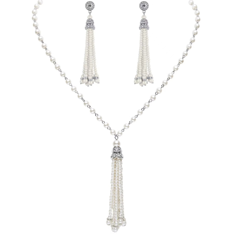 Naiste ehted komplekt: pikk kolme-kihiline kaelakee ja kõrvarõngad tehislike pärlite ja kristallidega, geomeetriline disain; Materjal: pärl; Ieklaed: sulam tehislike kividega; 2024 kevad