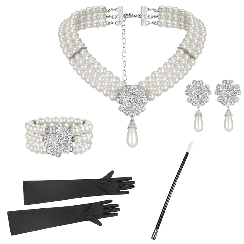 Naiste ehted komplekt: pikk kolme-kihiline kaelakee ja kõrvarõngad tehislike pärlite ja kristallidega, geomeetriline disain; Materjal: pärl; Ieklaed: sulam tehislike kividega; 2024 kevad