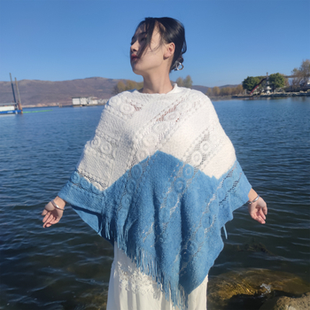 Vlnený dlhý šál‑deka, retro etnický štýl, ručné háčkovanie tkanie, tie-dye farbenie, udrží v teple